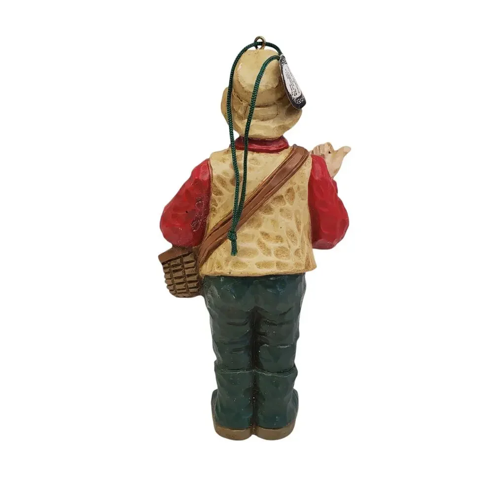 Vintage Fisherman Christmas Ornament Wood Hand Carved NEW OS Grandpa Dad